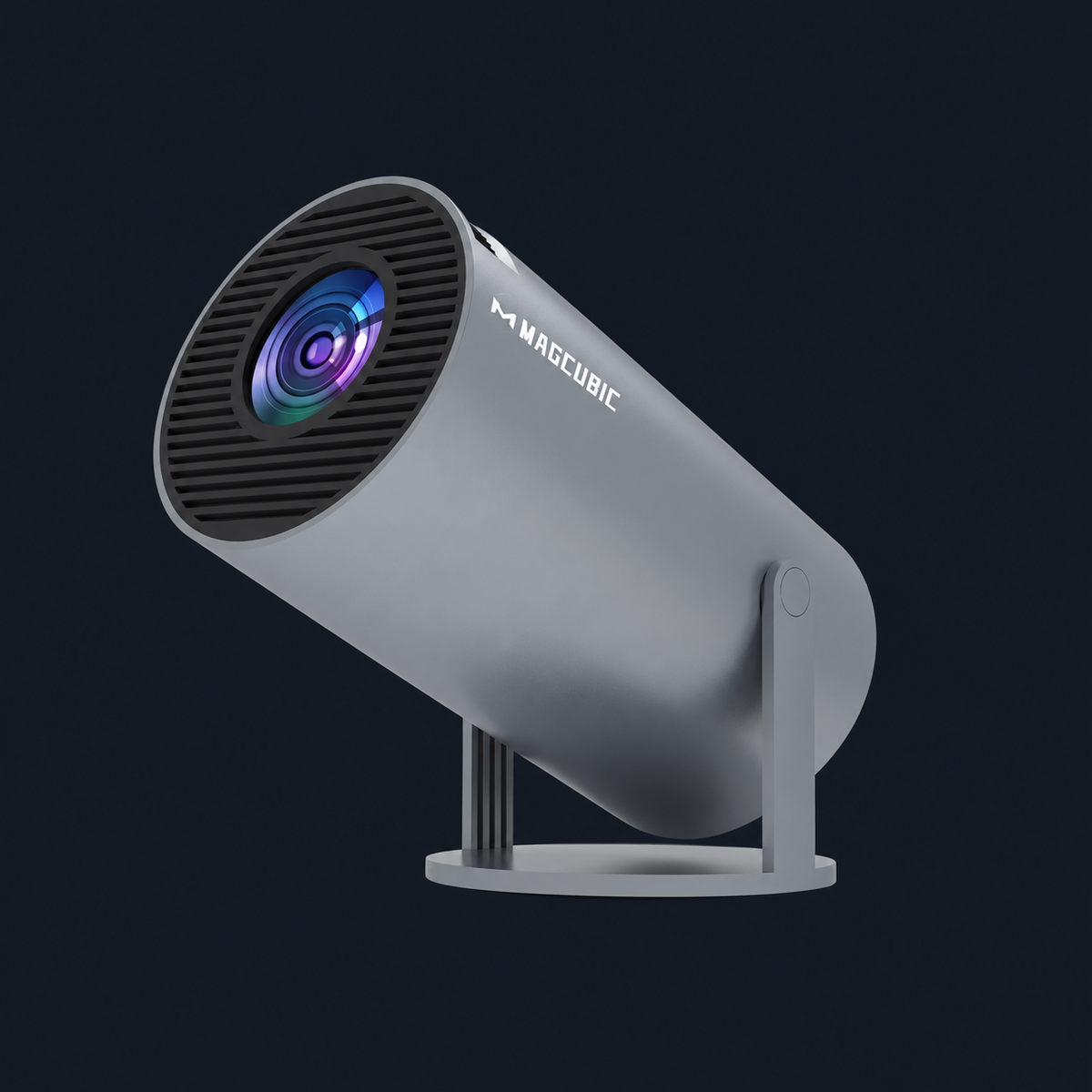 Mini proyector HY300 gris con soporte giratorio, vista frontal