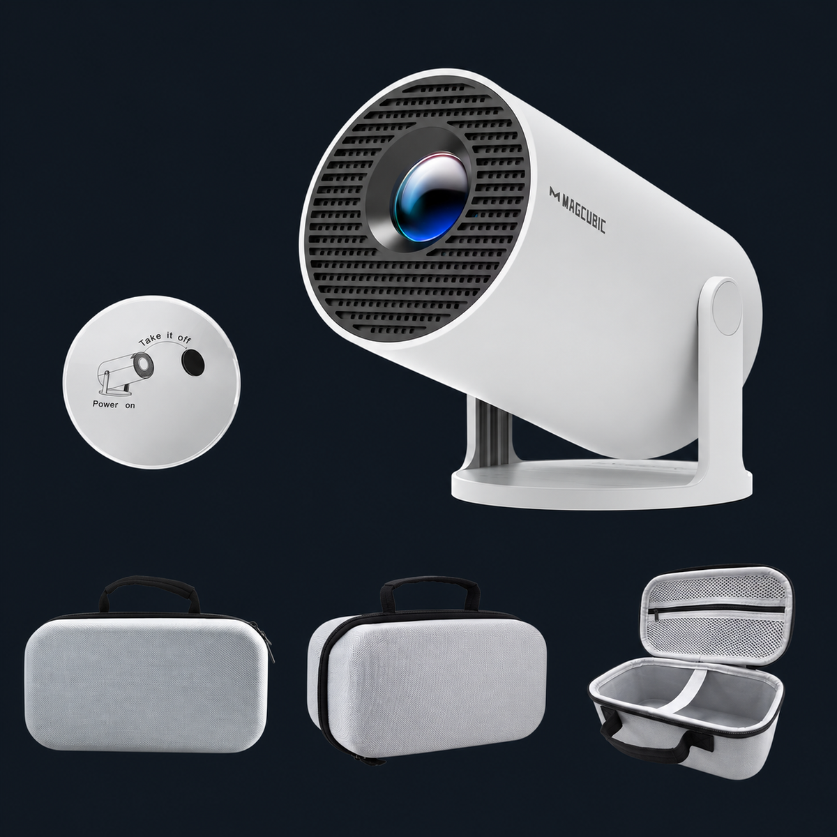 Fotografía del proveedor de la versión White Bag Lens del HY300 y sus accesorios